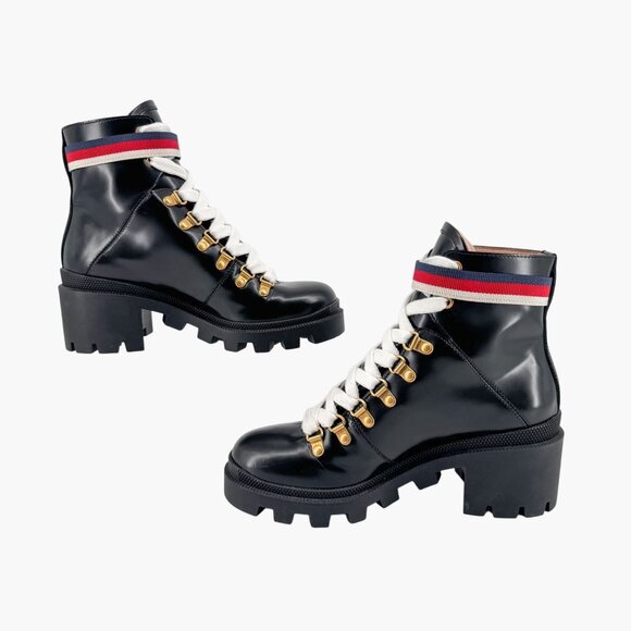 Gucci Sylvie Trip Black Leather Lace Up Combat Boots Size 36.5 US 6.5 Women's - Picture 10 of 15